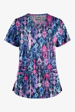 Fashion Clothing 25 UA Butter-Soft STRETCH Cascading Ikat Rosebud Women's 4-Pocket Criss Cross Print Scrub Top