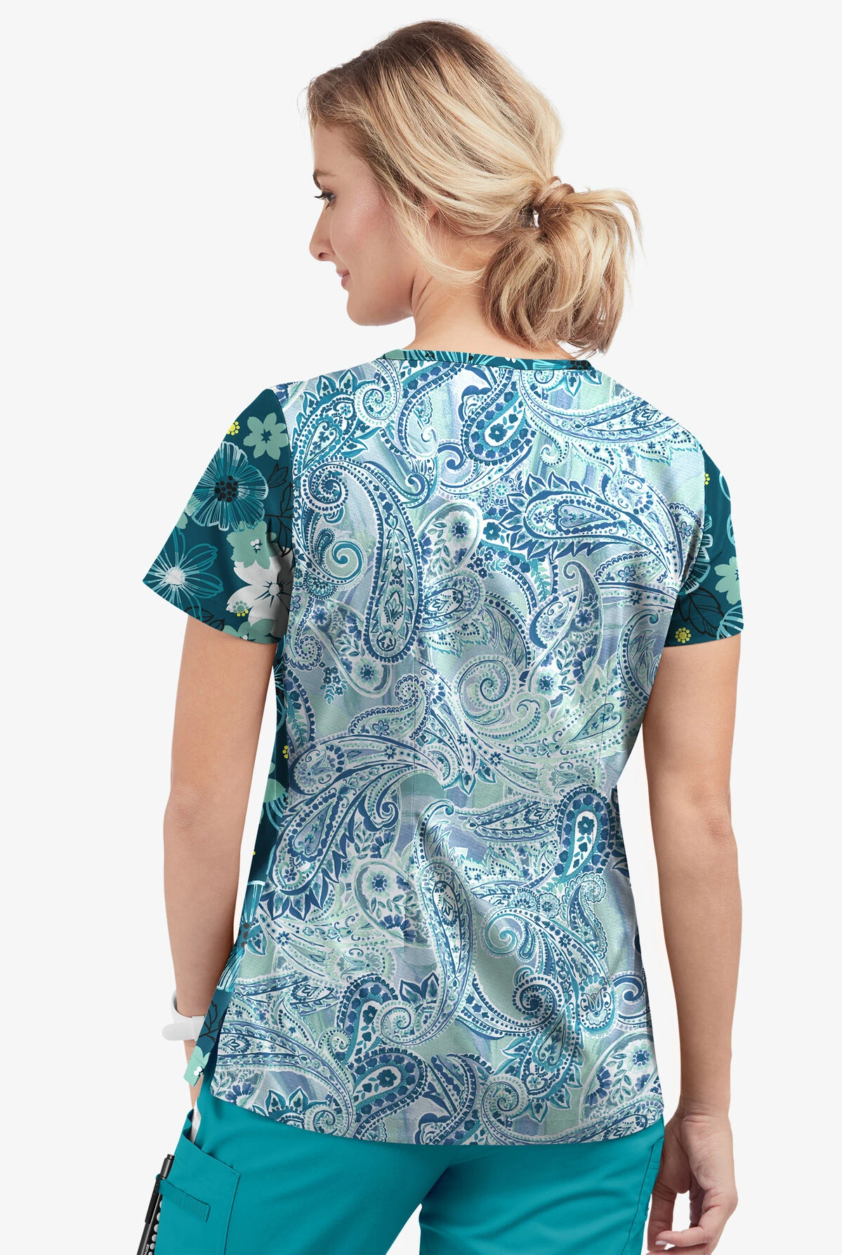 Butter-Soft STRETCH Floral Mirage & Paisley Womens 4-Pocket Crisscross Mixed Print Scrub Top 4 Butter-Soft STRETCH Floral Mirage & Paisley Womens 4-Pocket Crisscross Mixed Print Scrub Top - Image 2