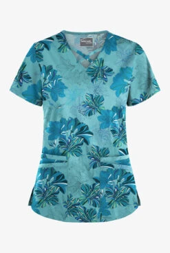 UA Butter-Soft STRETCH Garden Lilies Aqua Moon Women's 4-Pocket Criss Cross Print Scrub Top