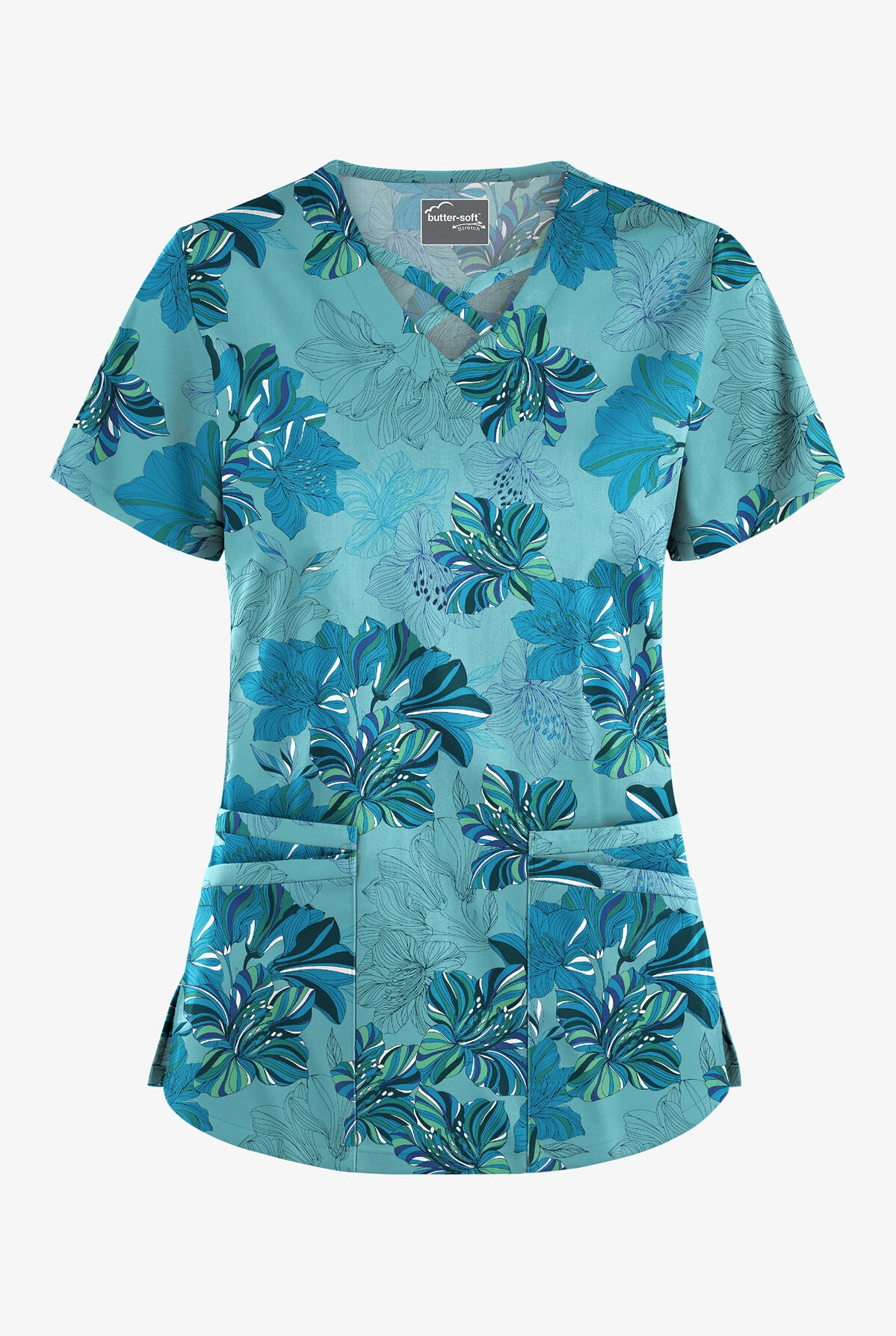 UA Butter-Soft STRETCH Garden Lilies Aqua Moon Women's 4-Pocket Criss Cross Print Scrub Top 3 UA Butter-Soft STRETCH Garden Lilies Aqua Moon Women's 4-Pocket Criss Cross Print Scrub Top