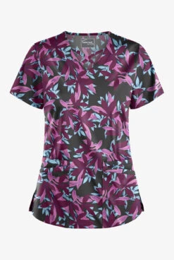 UA Butter-Soft STRETCH Happy Morning Floral Wine Women's 4-Pocket Crisscross Printed Scrub Top