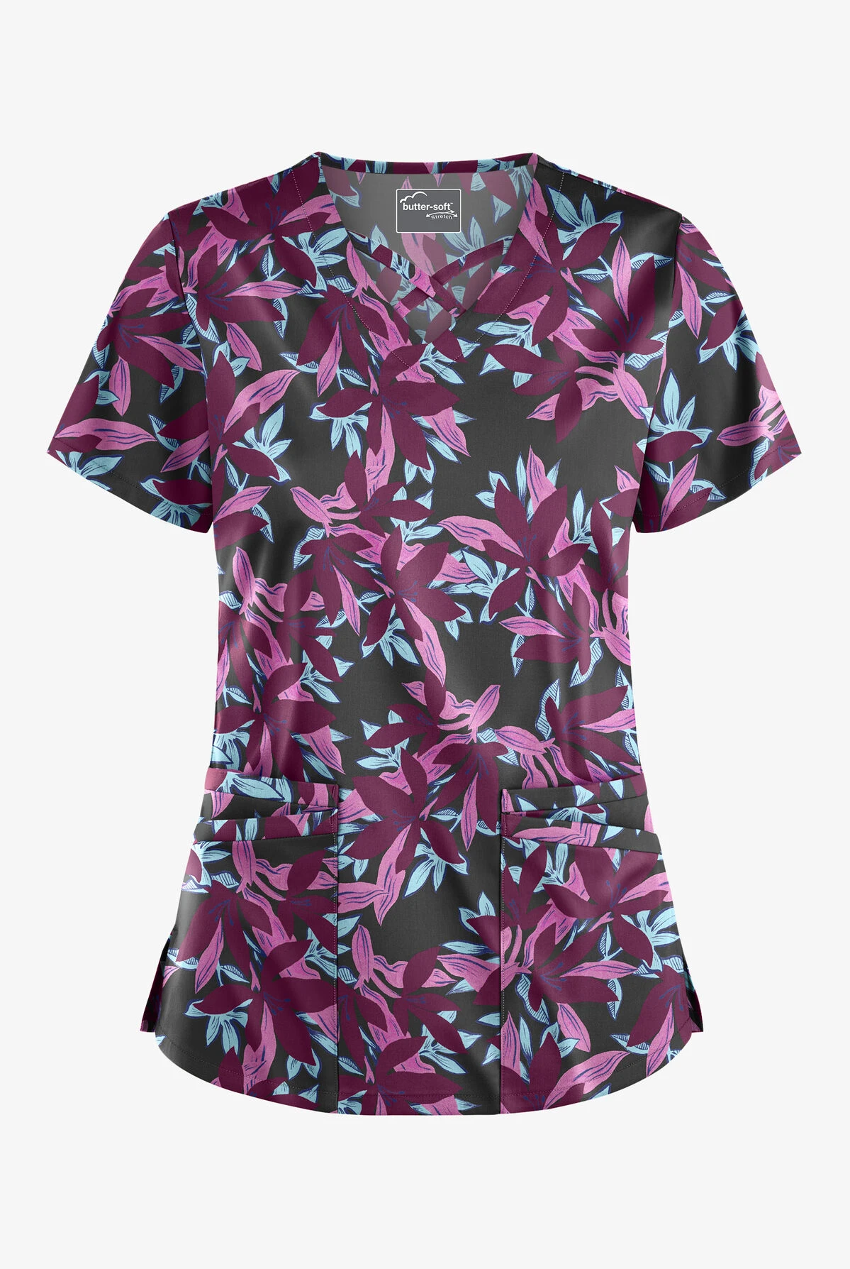 UA Butter-Soft STRETCH Happy Morning Floral Wine Women's 4-Pocket Crisscross Printed Scrub Top 3 UA Butter-Soft STRETCH Happy Morning Floral Wine Women's 4-Pocket Crisscross Printed Scrub Top