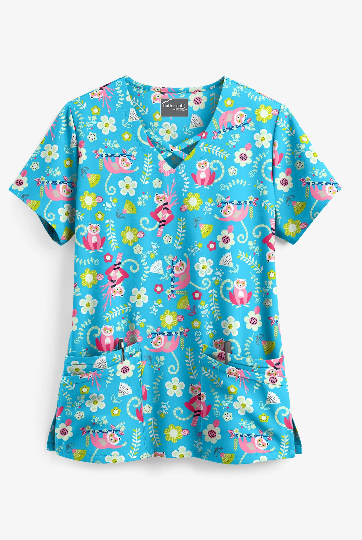 UA Butter-Soft STRETCH Lemur Love Turquoise Women's 4-Pocket Criss Cross Print Scrub Top 3 UA Butter-Soft STRETCH Lemur Love Turquoise Women's 4-Pocket Criss Cross Print Scrub Top