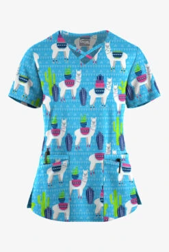 UA Butter-Soft STRETCH Llama Vacation Turquoise Women's 4-Pocket Crisscross Printed Scrub Top