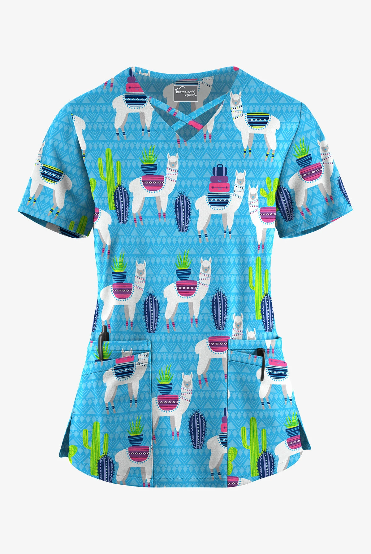 UA Butter-Soft STRETCH Llama Vacation Turquoise Women's 4-Pocket Crisscross Printed Scrub Top 3 UA Butter-Soft STRETCH Llama Vacation Turquoise Women's 4-Pocket Crisscross Printed Scrub Top