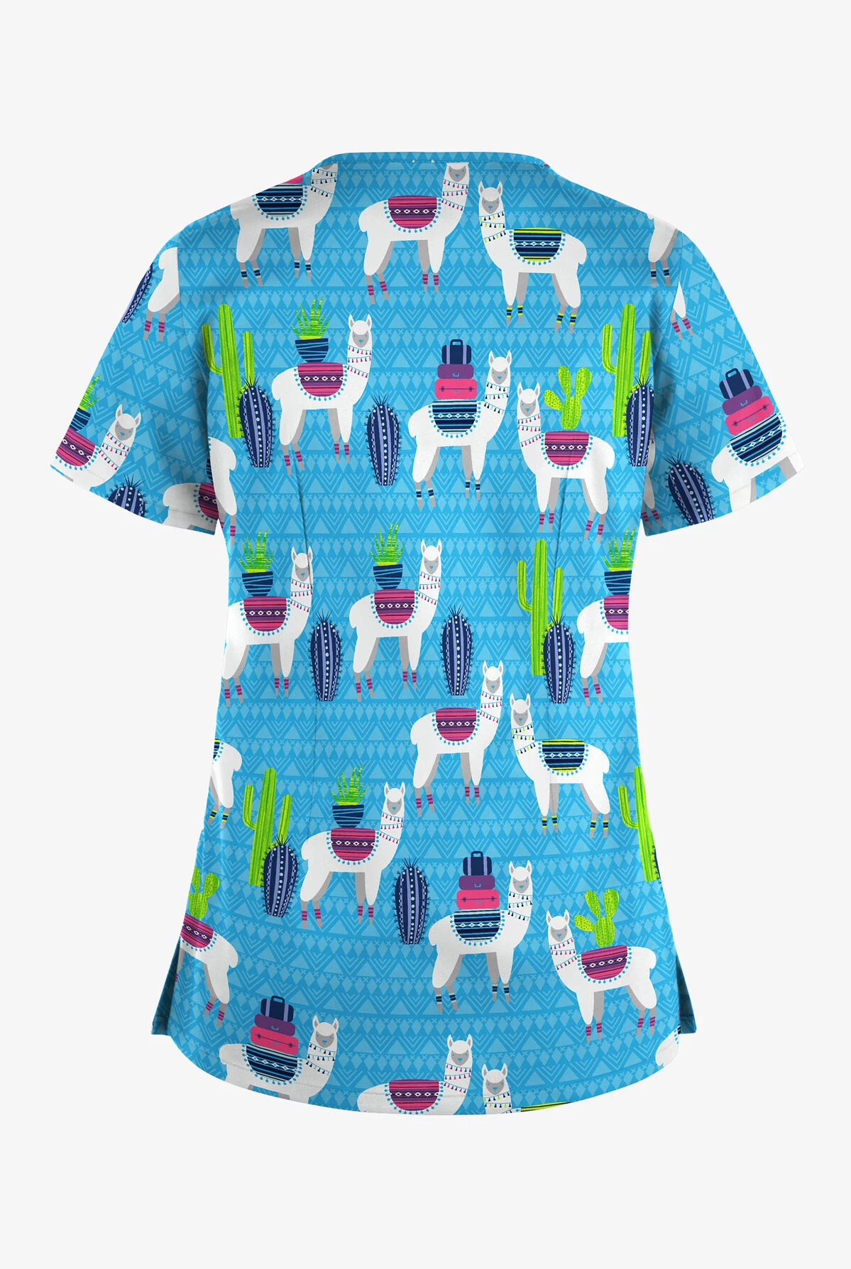 UA Butter-Soft STRETCH Llama Vacation Turquoise Women's 4-Pocket Crisscross Printed Scrub Top 4 UA Butter-Soft STRETCH Llama Vacation Turquoise Women's 4-Pocket Crisscross Printed Scrub Top - Image 2