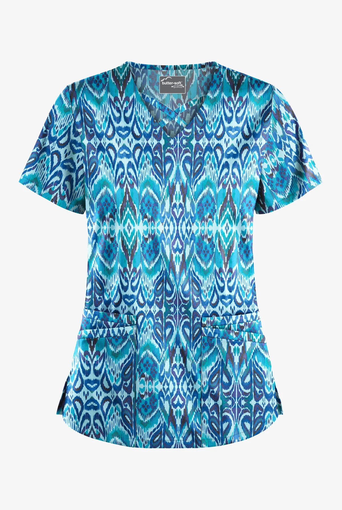 UA Butter-Soft STRETCH Romanian Ikat Dew Drop Women's 4-Pocket Crisscross Print Scrub Top 3 UA Butter-Soft STRETCH Romanian Ikat Dew Drop Women's 4-Pocket Crisscross Print Scrub Top