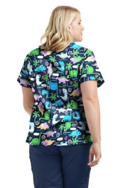 UA Butter-Soft STRETCH Stompin' Dino Turquoise Women's 4-Pocket Crisscross Printed Scrub Top -Fashion Clothing TS756SDTQ 3
