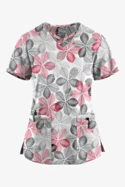 UA Butter-Soft STRETCH Subtle Leaves Silver Women's 4-Pocket Crisscross Printed Scrub Top