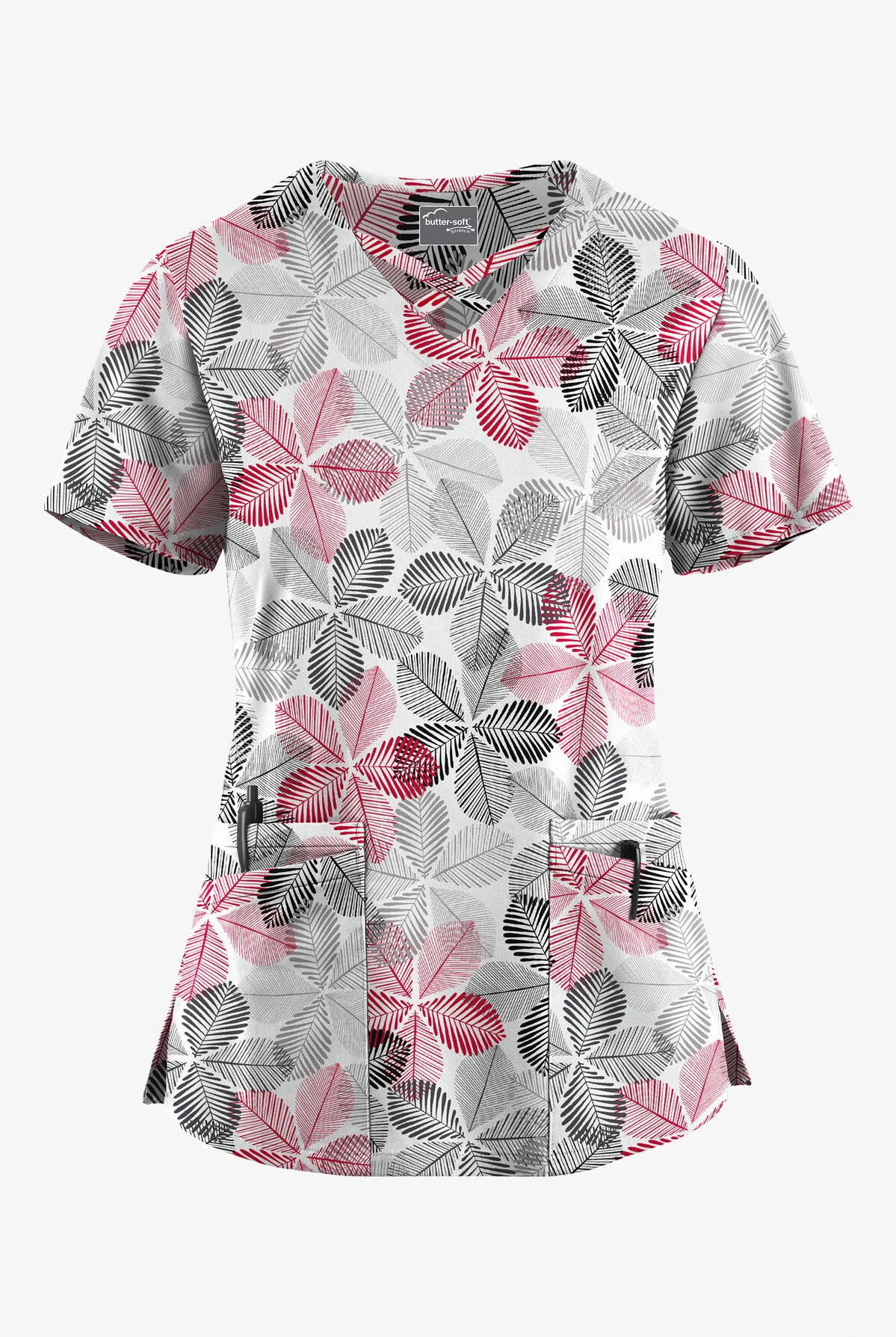 UA Butter-Soft STRETCH Subtle Leaves Silver Women's 4-Pocket Crisscross Printed Scrub Top 3 UA Butter-Soft STRETCH Subtle Leaves Silver Women's 4-Pocket Crisscross Printed Scrub Top