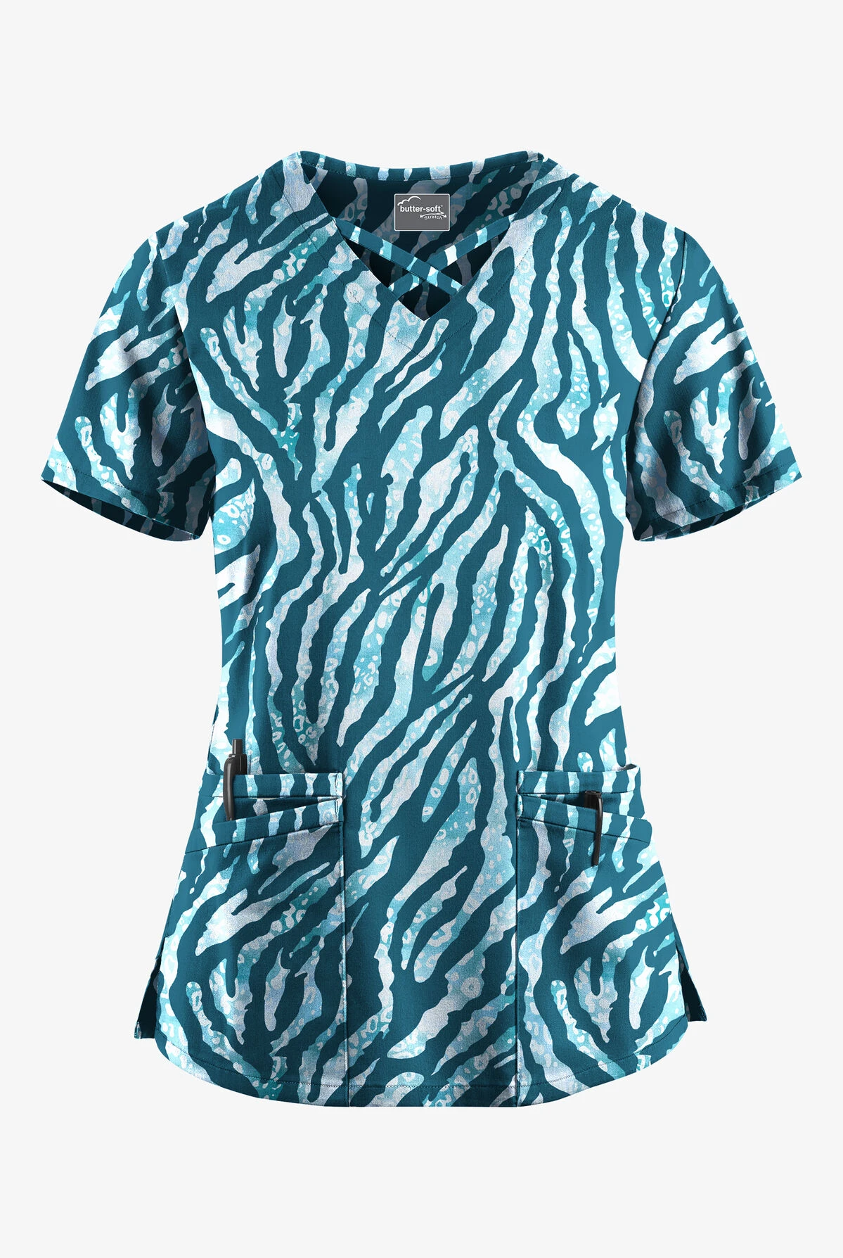 UA Butter-Soft STRETCH Tiger Fantasy Caribbean Blue Women's 4-Pocket Crisscross Printed Scrub Top 3 UA Butter-Soft STRETCH Tiger Fantasy Caribbean Blue Women's 4-Pocket Crisscross Printed Scrub Top