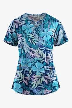 UA Butter-Soft STRETCH Tropical Mix Navy Women's 4-Pocket Crisscross Printed Scrub Top