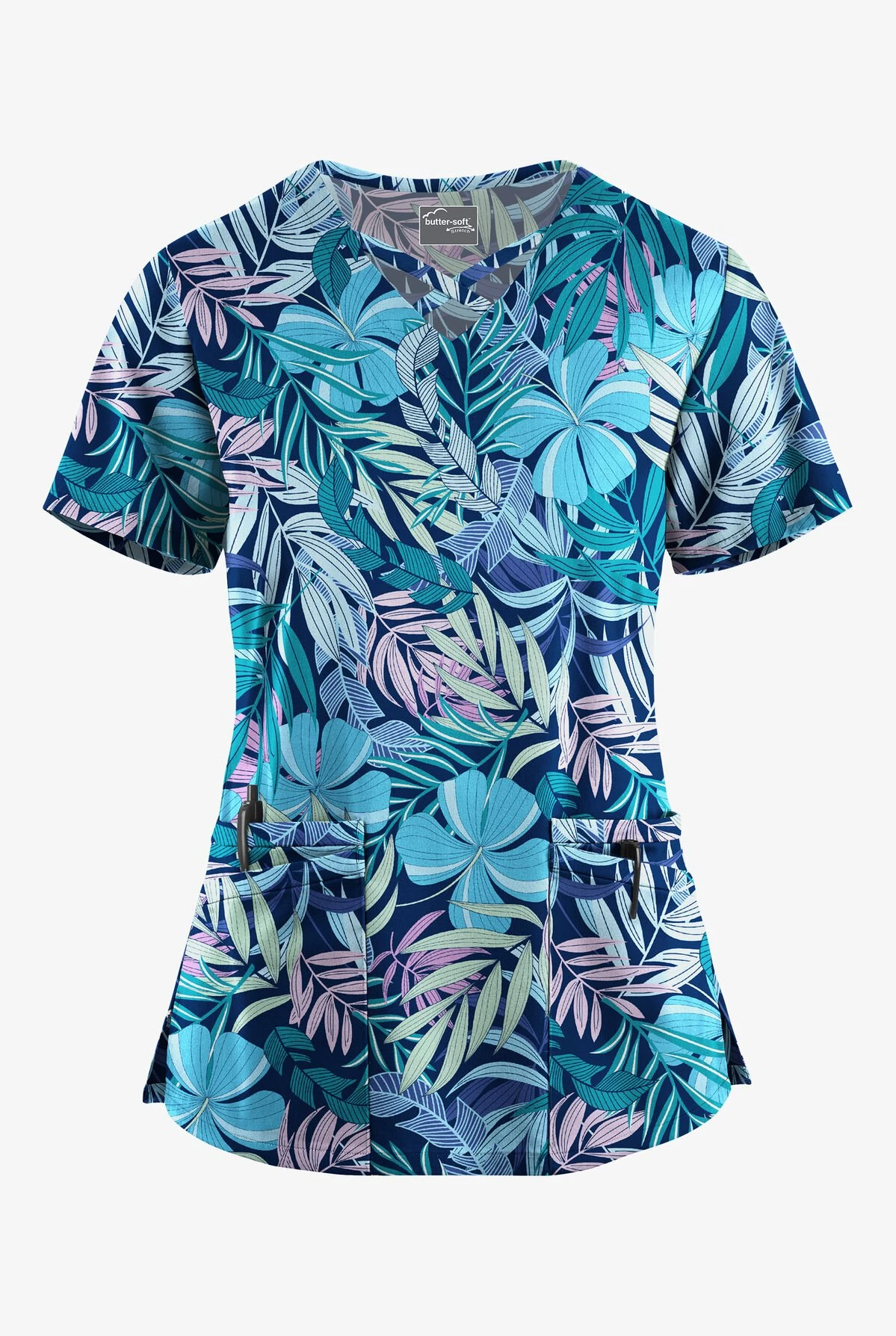 UA Butter-Soft STRETCH Tropical Mix Navy Women's 4-Pocket Crisscross Printed Scrub Top 3 UA Butter-Soft STRETCH Tropical Mix Navy Women's 4-Pocket Crisscross Printed Scrub Top