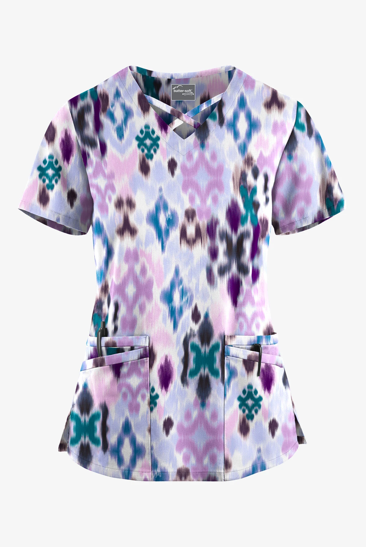 UA Butter-Soft STRETCH Varna Ikat Orchid Women's 4-Pocket Crisscross Printed Scrub Top 3 UA Butter-Soft STRETCH Varna Ikat Orchid Women's 4-Pocket Crisscross Printed Scrub Top
