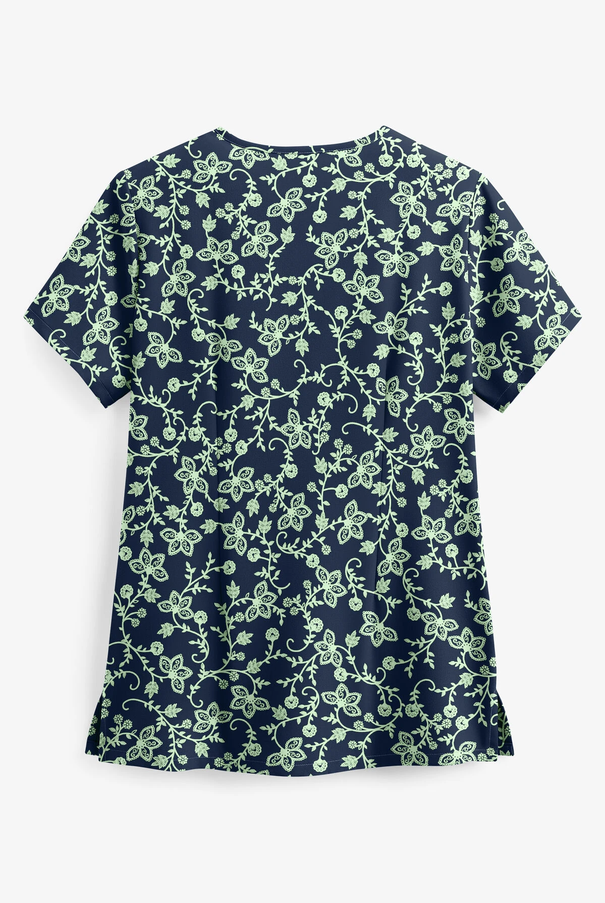 UA Butter-Soft STRETCH Floral Vines Navy Women's 4-Pocket Criss Cross Print Scrub Top 4 UA Butter-Soft STRETCH Floral Vines Navy Women's 4-Pocket Criss Cross Print Scrub Top - Image 2