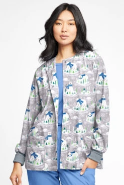 Butter-Soft Polar Holiday Silver Women's 2-Pocket Warm-Up Print Scrub Jacket -Fashion Clothing TS82PHSL 2