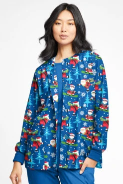 Butter-Soft Santa On Vacation Royal Women's 2-Pocket Warm-Up Print Scrub Jacket -Fashion Clothing TS82SVRL 2