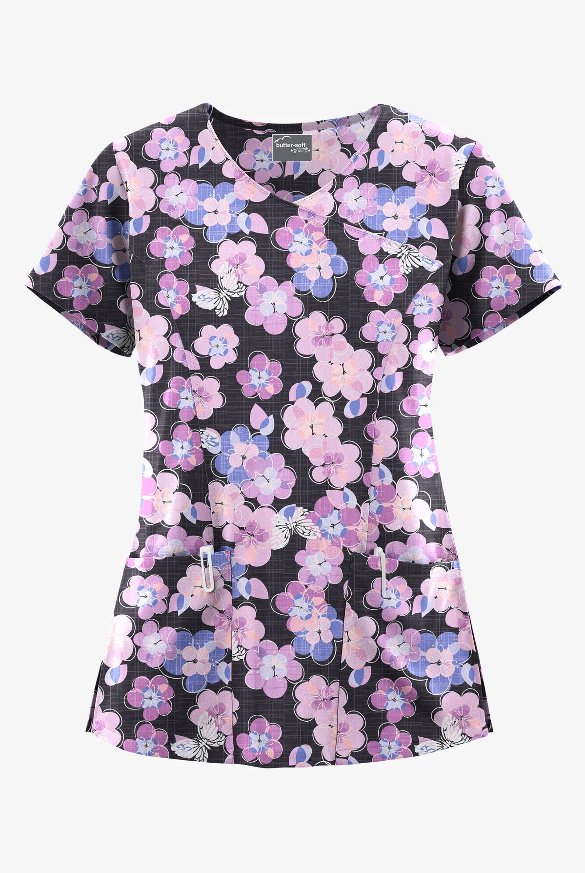 UA Butter-Soft STRETCH Blooms And Butterflies Pewter Women's 3-Pocket V-Neck Mock Wrap Scrub Top 3 UA Butter-Soft STRETCH Blooms And Butterflies Pewter Women's 3-Pocket V-Neck Mock Wrap Scrub Top
