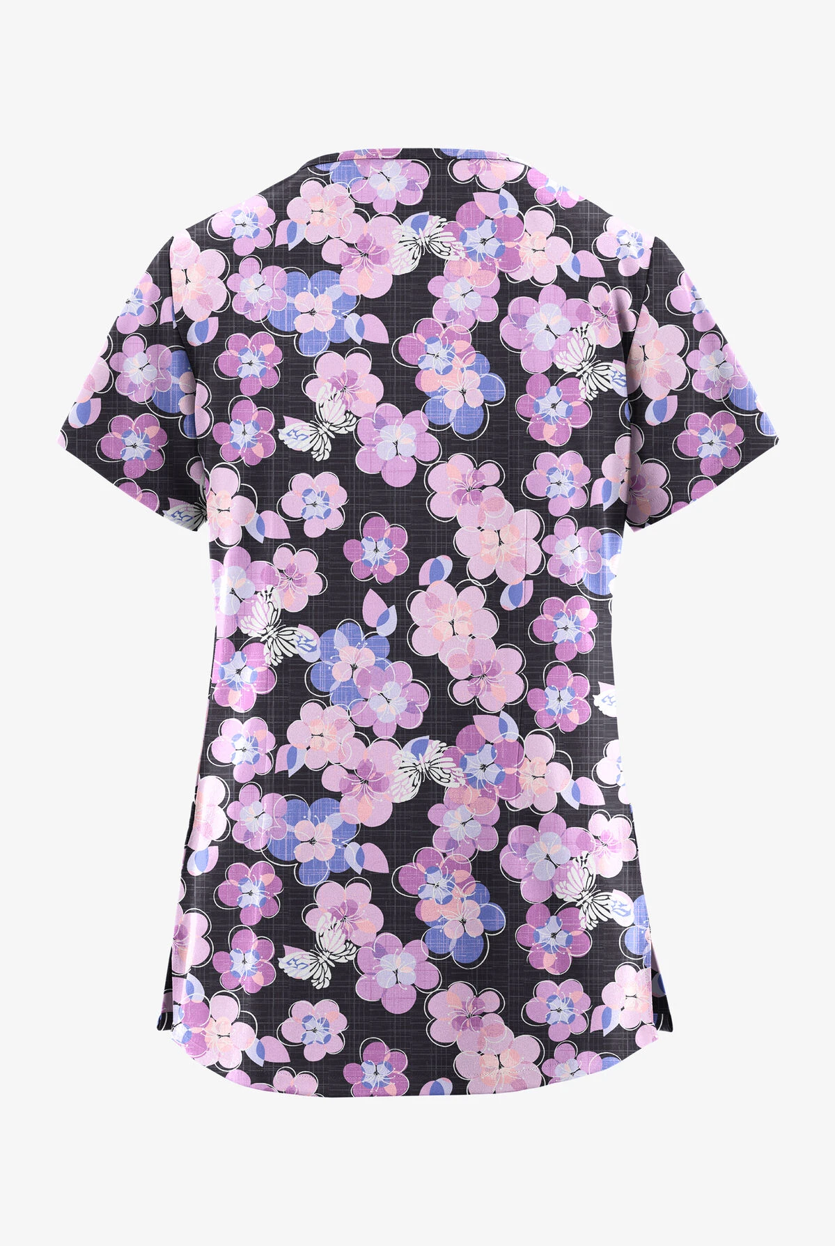 UA Butter-Soft STRETCH Blooms And Butterflies Pewter Women's 3-Pocket V-Neck Mock Wrap Scrub Top 4 UA Butter-Soft STRETCH Blooms And Butterflies Pewter Women's 3-Pocket V-Neck Mock Wrap Scrub Top - Image 2