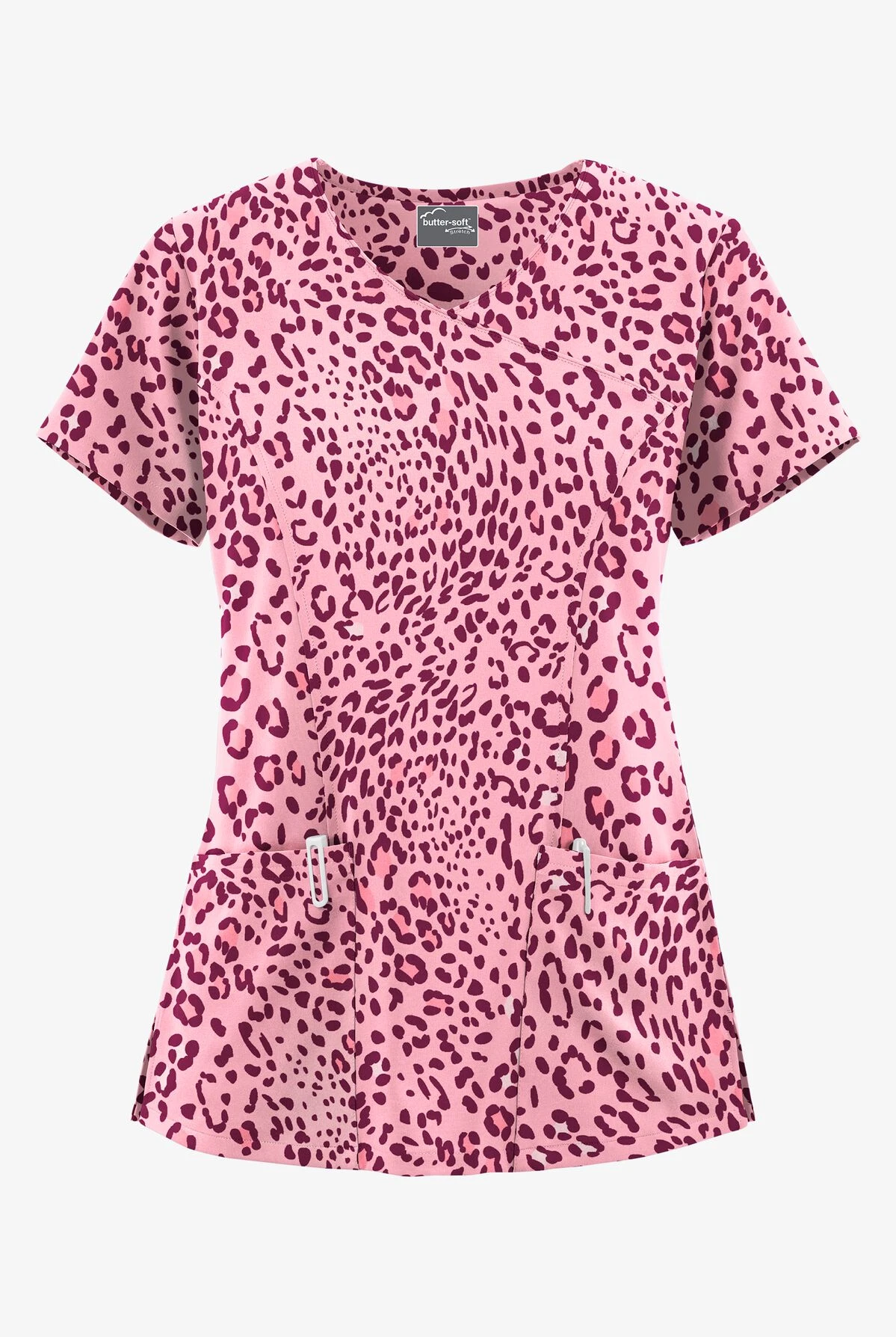 UA Butter-Soft STRETCH Summer Animal Wine Women's 3-Pocket V-Neck Mock Wrap Scrub Top 3 UA Butter-Soft STRETCH Summer Animal Wine Women's 3-Pocket V-Neck Mock Wrap Scrub Top
