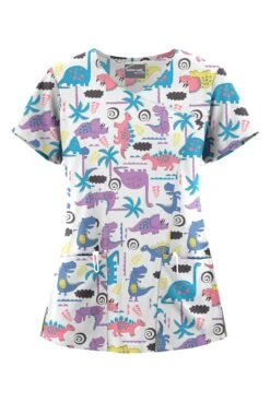 UA Butter-Soft STRETCH Stompin' Dino Orchid Women's 3-Pocket V-Neck Mock Wrap Scrub Top