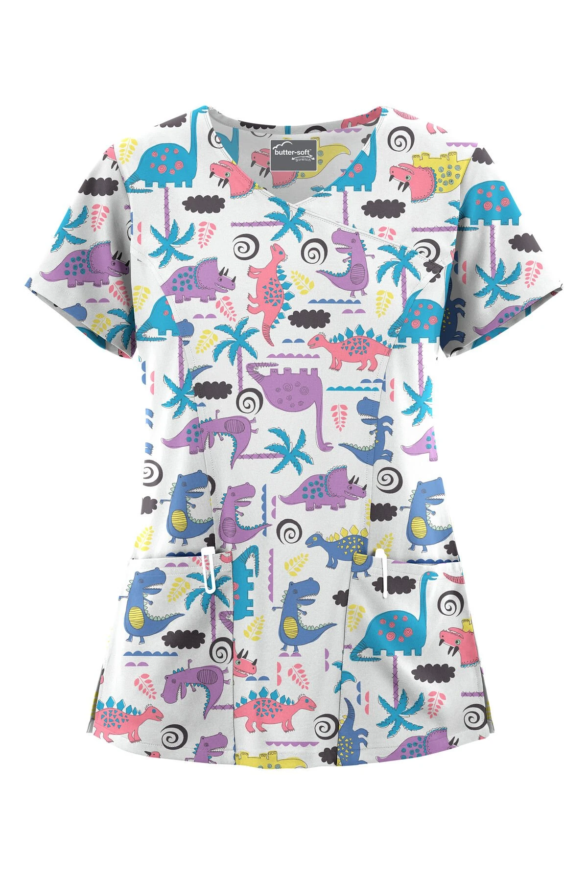 UA Butter-Soft STRETCH Stompin' Dino Orchid Women's 3-Pocket V-Neck Mock Wrap Scrub Top 3 UA Butter-Soft STRETCH Stompin' Dino Orchid Women's 3-Pocket V-Neck Mock Wrap Scrub Top