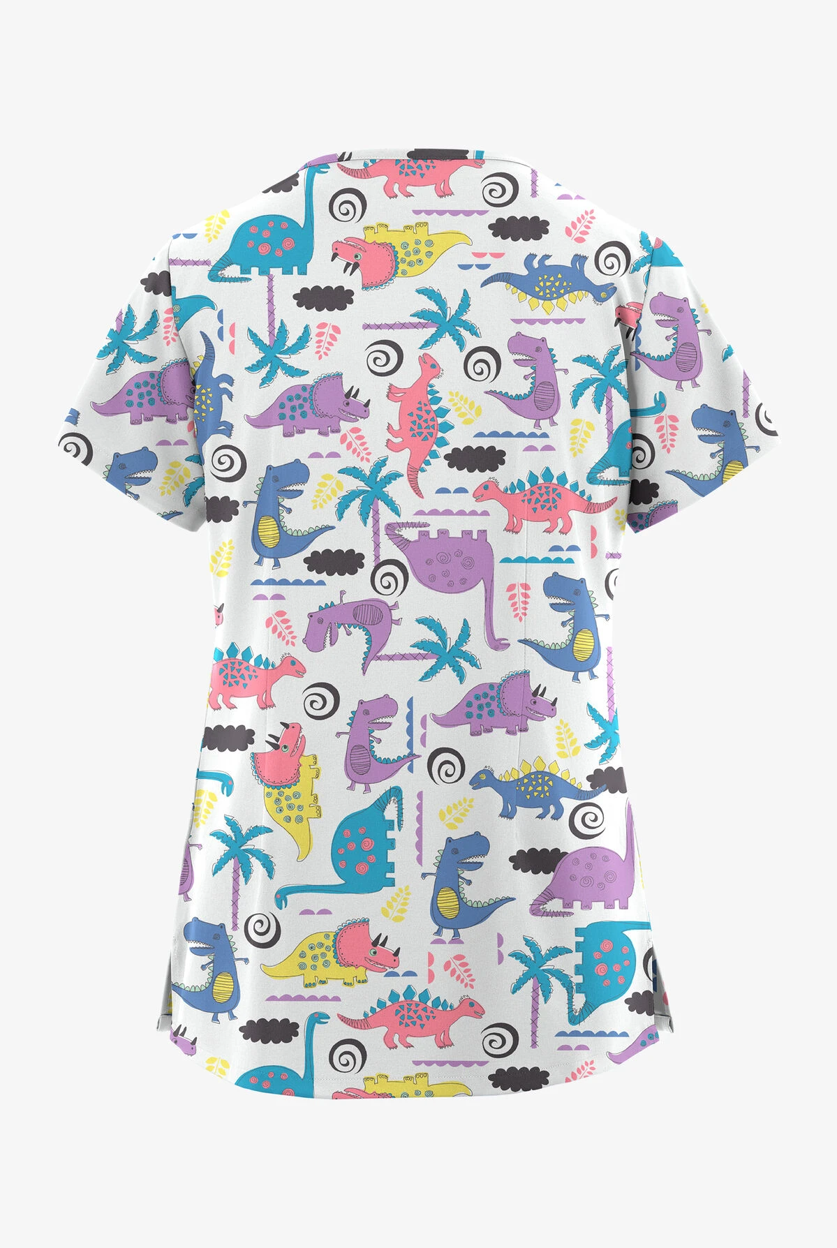 UA Butter-Soft STRETCH Stompin' Dino Orchid Women's 3-Pocket V-Neck Mock Wrap Scrub Top 4 UA Butter-Soft STRETCH Stompin' Dino Orchid Women's 3-Pocket V-Neck Mock Wrap Scrub Top - Image 2