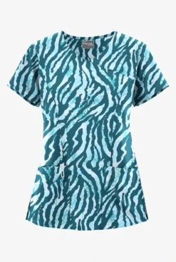 UA Butter-Soft STRETCH Tiger Fantasy Caribbean Blue Women's 3-Pocket V-Neck Mock Wrap Scrub Top