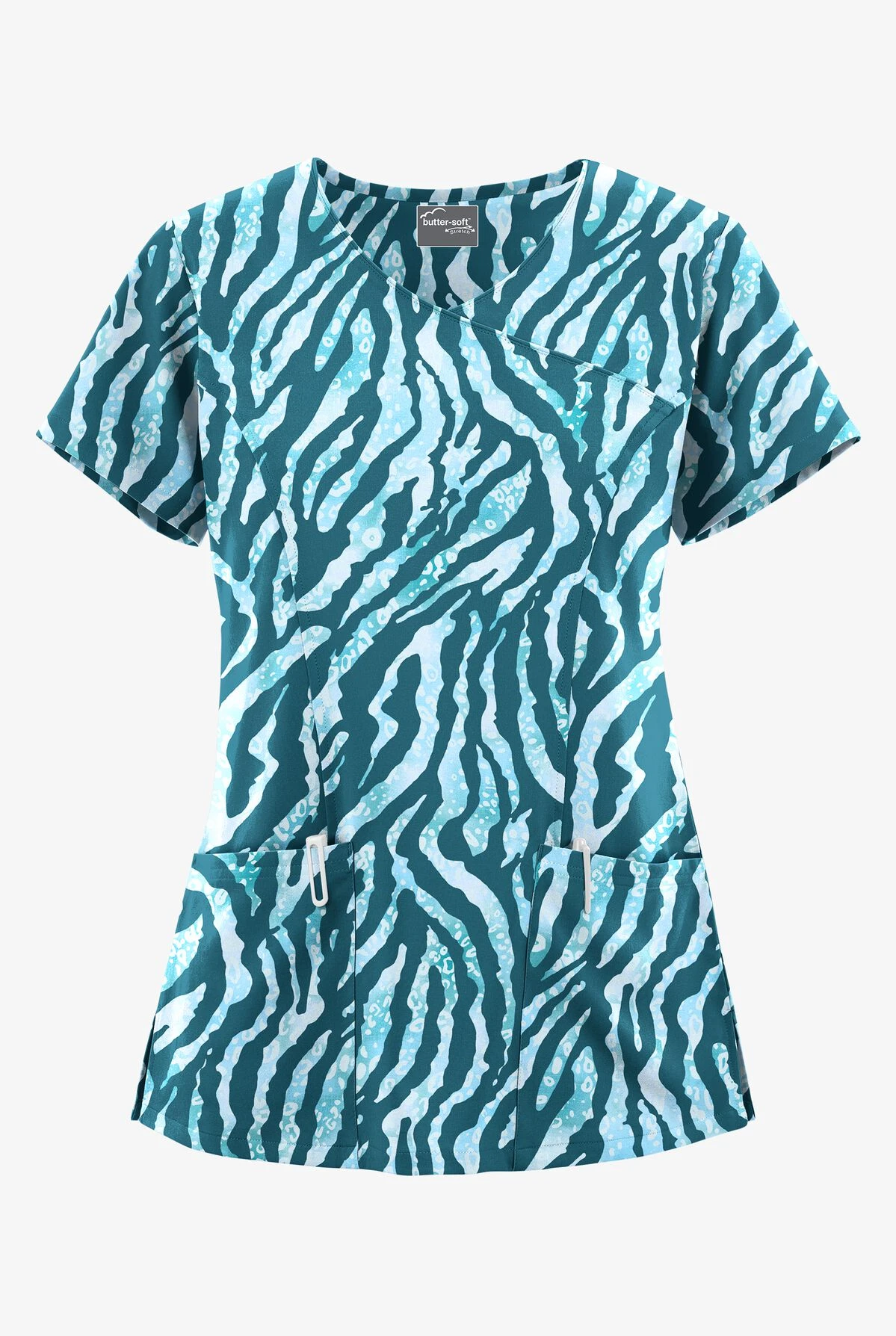 UA Butter-Soft STRETCH Tiger Fantasy Caribbean Blue Women's 3-Pocket V-Neck Mock Wrap Scrub Top 3 UA Butter-Soft STRETCH Tiger Fantasy Caribbean Blue Women's 3-Pocket V-Neck Mock Wrap Scrub Top