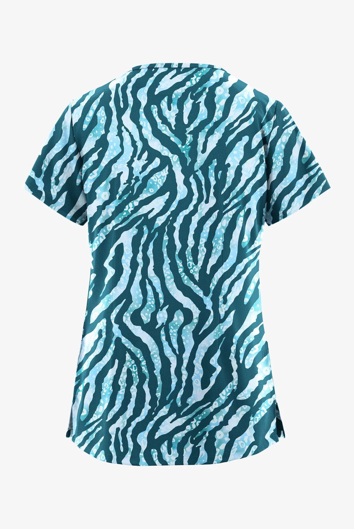 UA Butter-Soft STRETCH Tiger Fantasy Caribbean Blue Women's 3-Pocket V-Neck Mock Wrap Scrub Top 4 UA Butter-Soft STRETCH Tiger Fantasy Caribbean Blue Women's 3-Pocket V-Neck Mock Wrap Scrub Top - Image 2