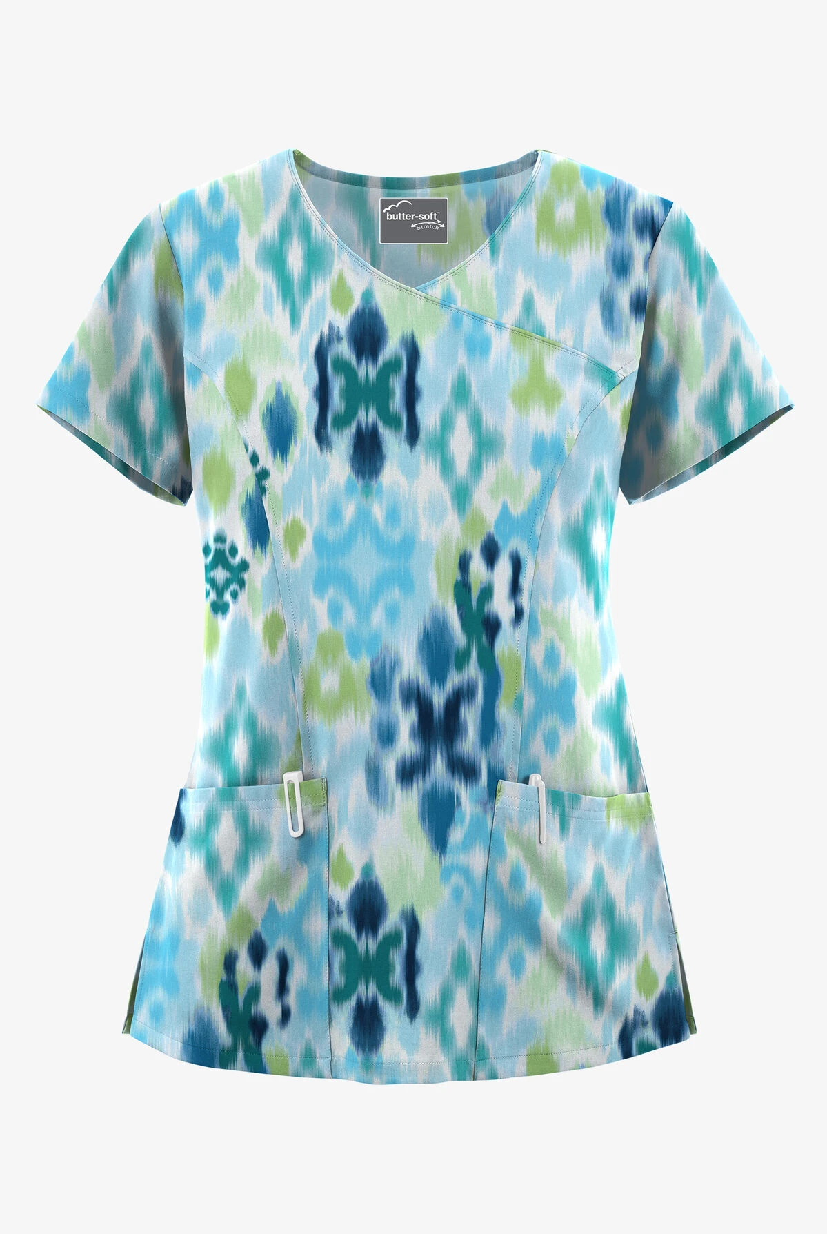 UA Butter-Soft STRETCH Varna Ikat Turquoise Women's 3-Pocket V-Neck Mock Wrap Scrub Top 3 UA Butter-Soft STRETCH Varna Ikat Turquoise Women's 3-Pocket V-Neck Mock Wrap Scrub Top
