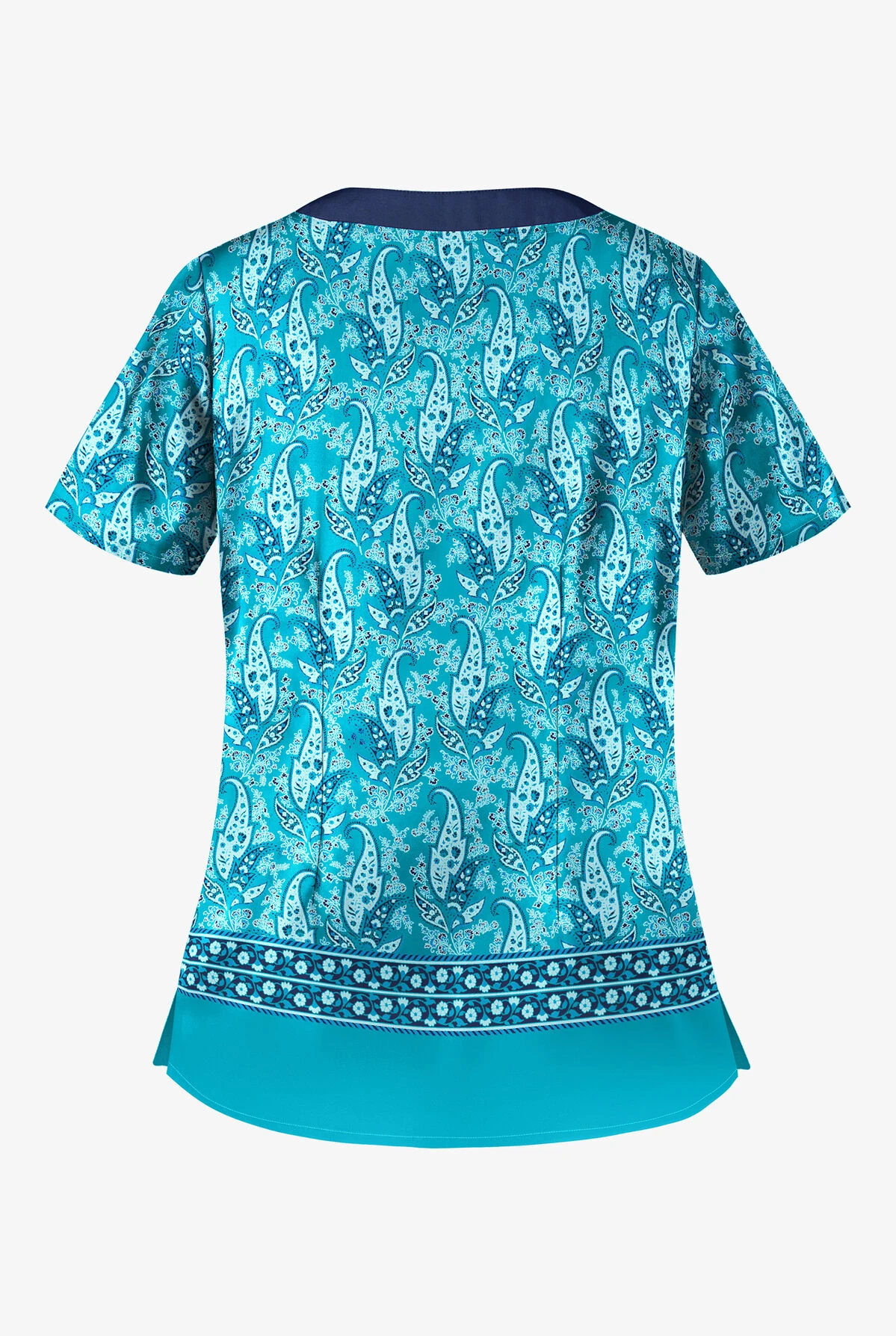 UA Best Buy Scrubs Floating Paisley Turquoise Women's 2-Pocket Scallop Neck Print Scrub Top 4 UA Best Buy Scrubs Floating Paisley Turquoise Women's 2-Pocket Scallop Neck Print Scrub Top - Image 2