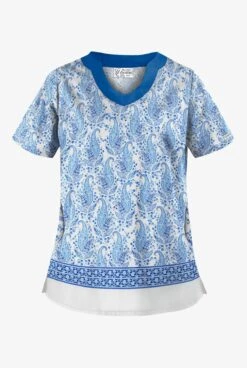 UA Best Buy Scrubs Floating Paisley White Print Women's 2-Pocket Scallop Neck Scrub Top