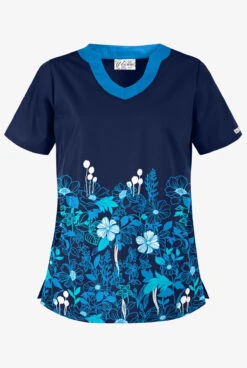 Butter-Soft Floral Field Navy Women's 2-Pocket Scallop Neck Print Scrub Top