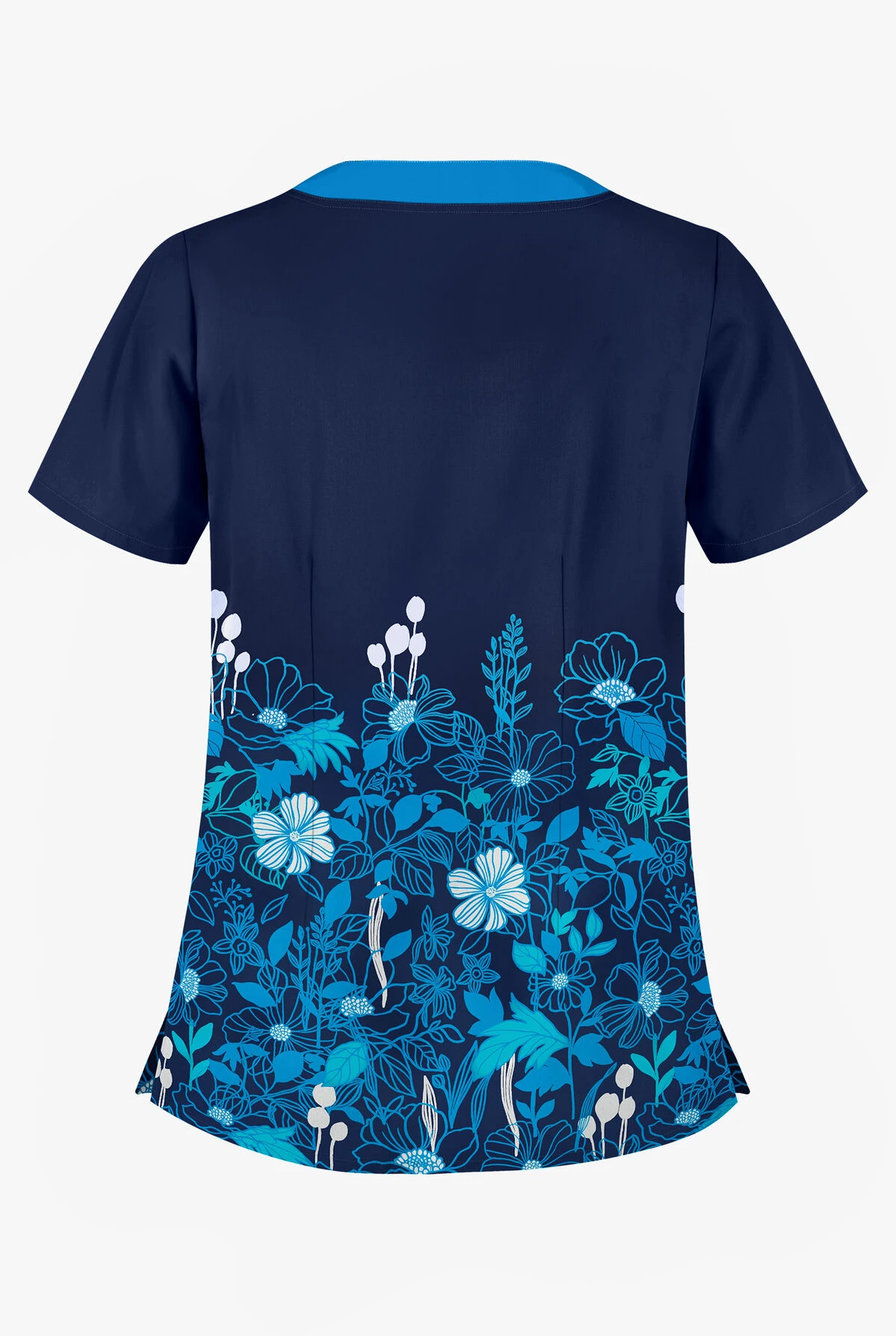 Butter-Soft Floral Field Navy Women's 2-Pocket Scallop Neck Print Scrub Top 4 Butter-Soft Floral Field Navy Women's 2-Pocket Scallop Neck Print Scrub Top - Image 2