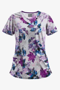 Butter-Soft Autumn Park Silver Women's 3-Pocket Criss Cross Print Scrub Top