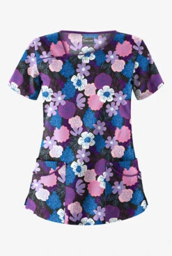 Butter-Soft Budapest Floral Black Printed Women's 4-Pocket Asymmetrical Scrub Top
