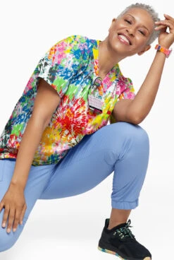 UA Butter-Soft Rainbow Tie-Dye White Printed Unisex 1-Pocket V-Neck Scrub Top -Fashion Clothing UA71RTD 3