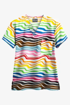 UA Butter-Soft Wavy Stripe White Printed Unisex 1-Pocket V-Neck Scrub Top