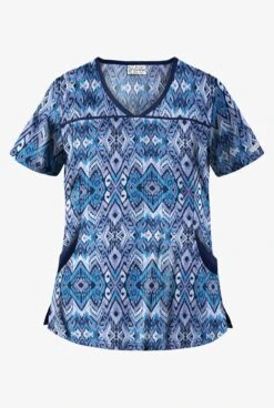 Fashion Clothing 37 UA Best Buy Scrubs Cantik Ikat Navy Women's 4-Pocket Princess Seam Print Scrub Top