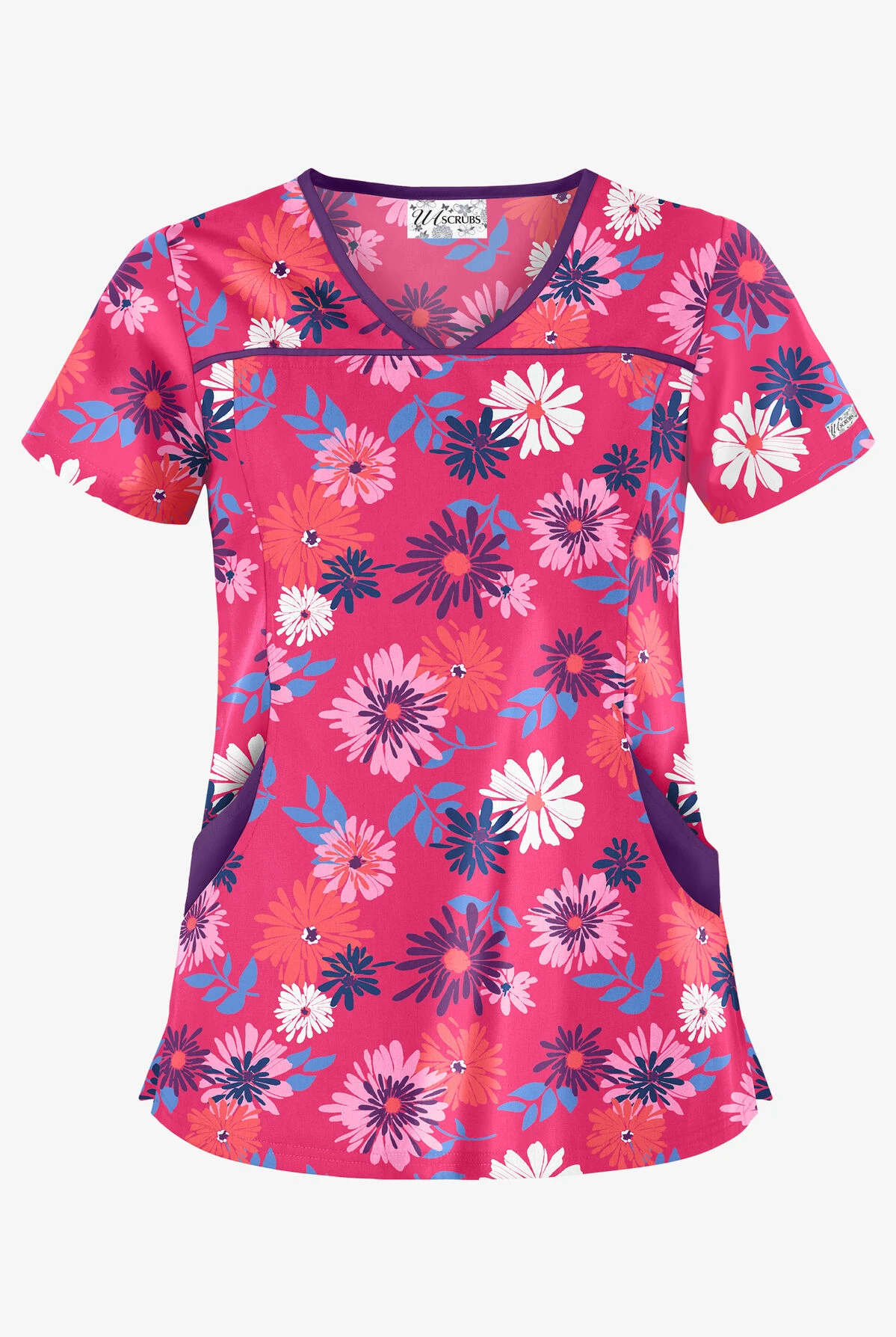 UA Floral Beauty Fuchsia Women's 4-Pocket Princess Seam Printed Scrub Top 3 UA Floral Beauty Fuchsia Women's 4-Pocket Princess Seam Printed Scrub Top