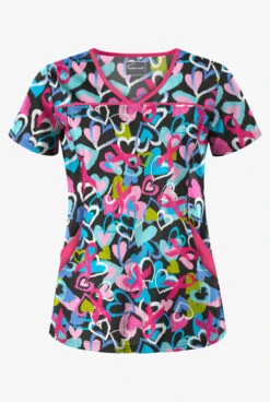 Butter-Soft Unwrap The Love Women's 4-Pocket Princess Seam Printed Scrub Top