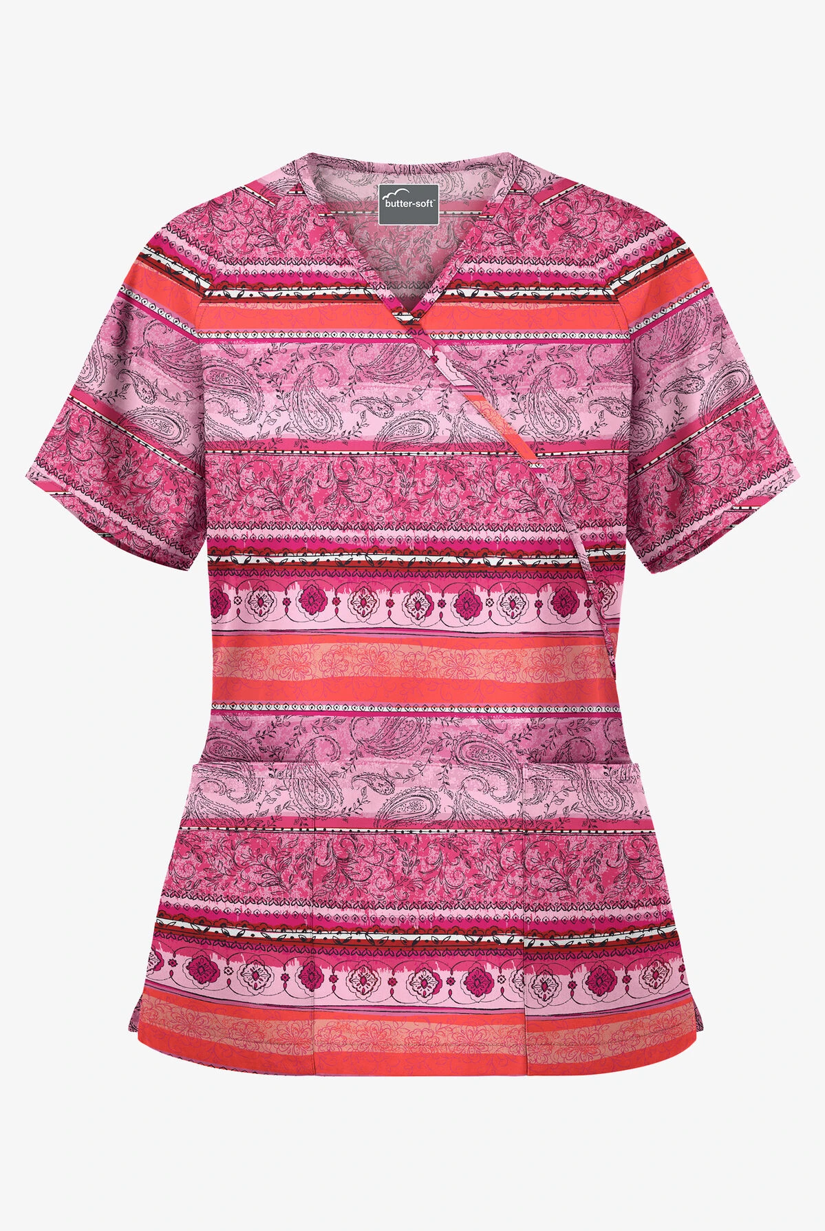 Butter-Soft Delhi Stripe Red Women's 2-Pocket Mock Wrap Print Scrub Top 3 Butter-Soft Delhi Stripe Red Women's 2-Pocket Mock Wrap Print Scrub Top