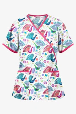 UA Fabulous Peacocks White Printed Women's 2-Pocket Mock Wrap Scrub Top
