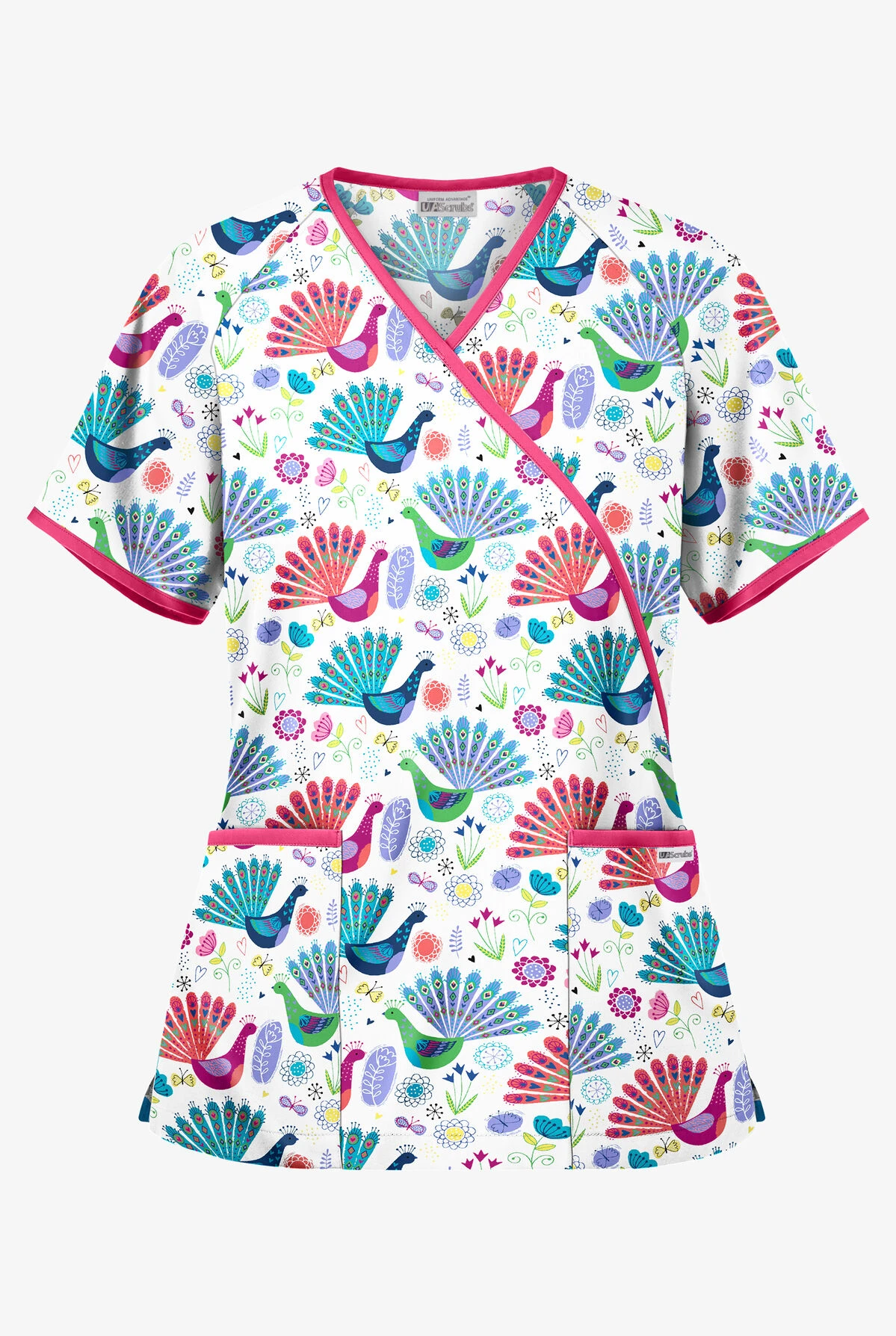 UA Fabulous Peacocks White Printed Women's 2-Pocket Mock Wrap Scrub Top 3 UA Fabulous Peacocks White Printed Women's 2-Pocket Mock Wrap Scrub Top