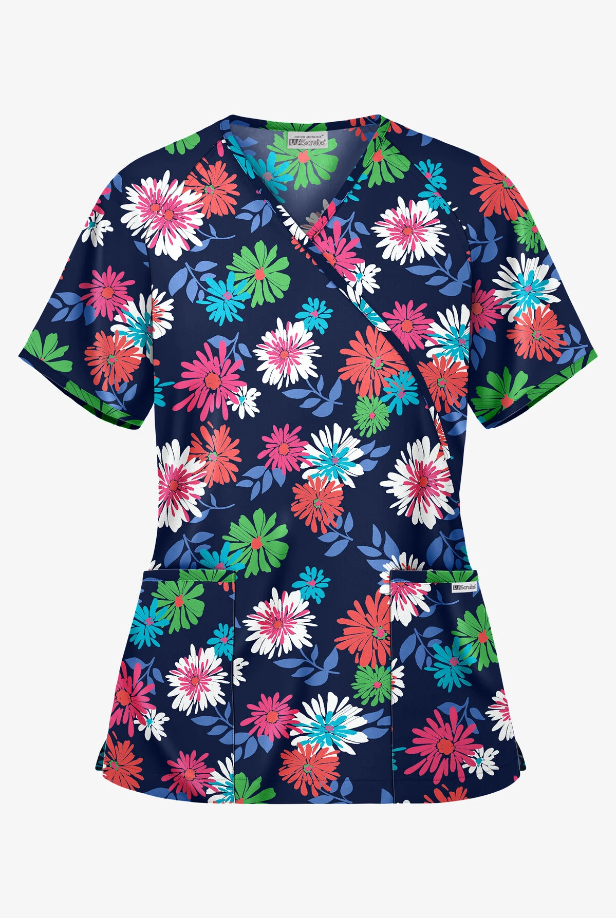 UA Floral Beauty Navy Women's 2-Pocket Mock Wrap Print Scrub Top 3 UA Floral Beauty Navy Women's 2-Pocket Mock Wrap Print Scrub Top