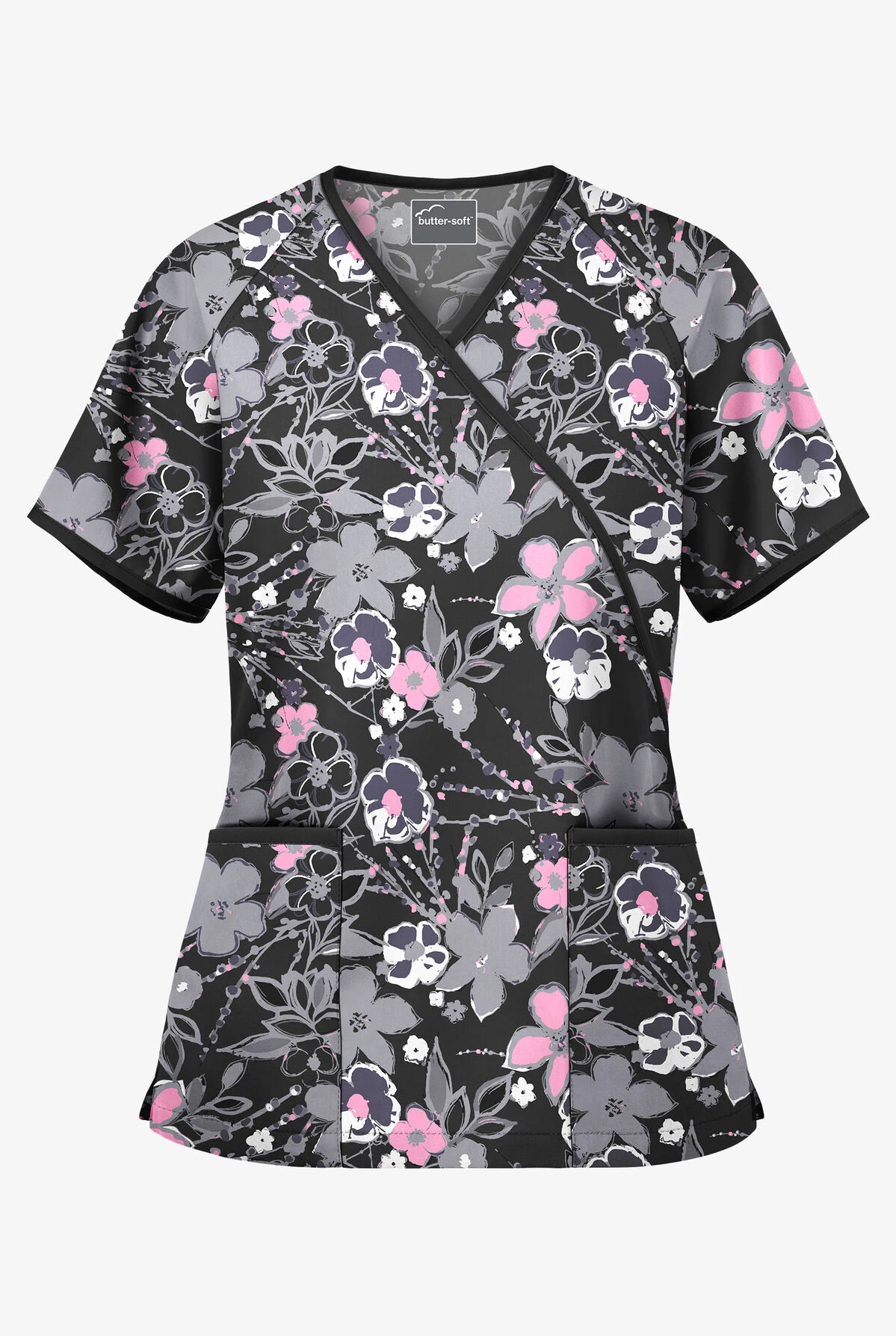 Butter-Soft London Floral Women's 2-Pocket Mock Wrap Printed Scrub Top 3 Butter-Soft London Floral Women's 2-Pocket Mock Wrap Printed Scrub Top