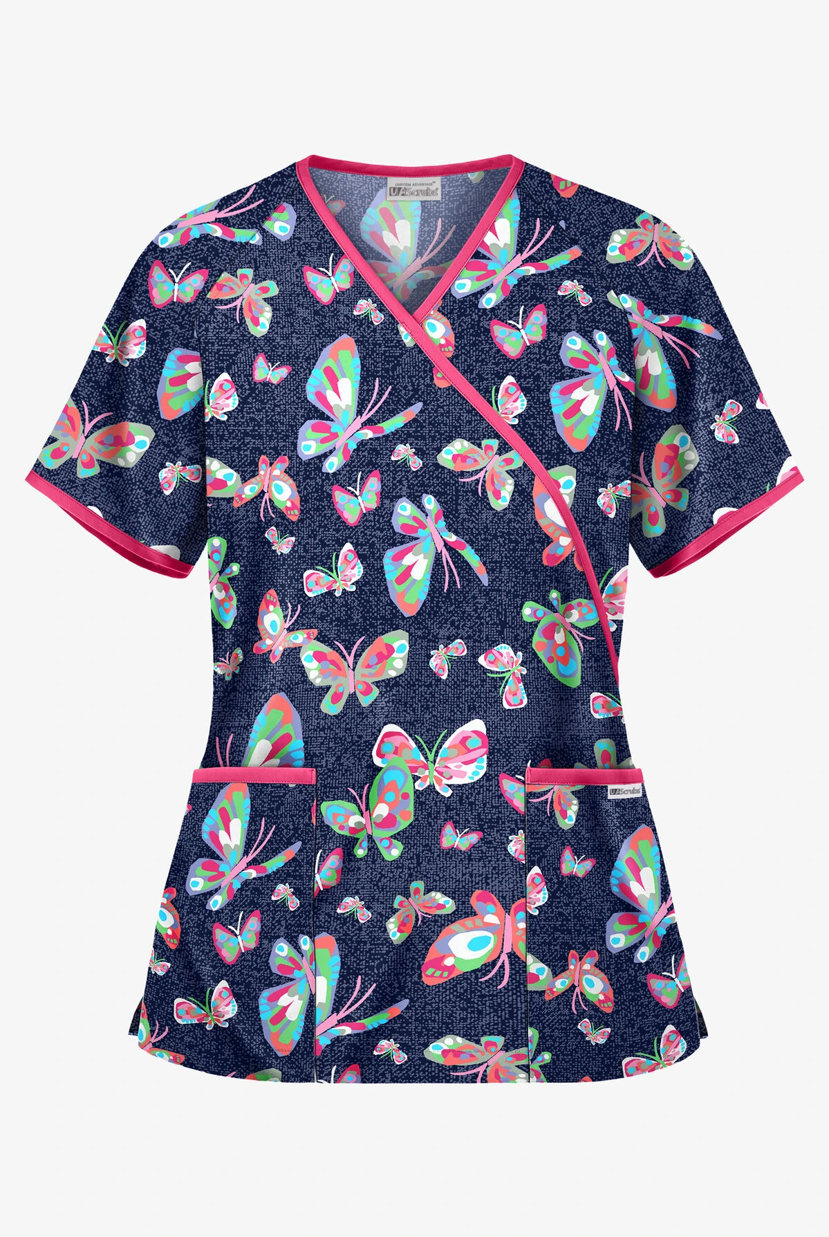 UA Butterfly Dance Navy Women's 2-Pocket Mock Wrap Print Scrub Top 3 UA Butterfly Dance Navy Women's 2-Pocket Mock Wrap Print Scrub Top