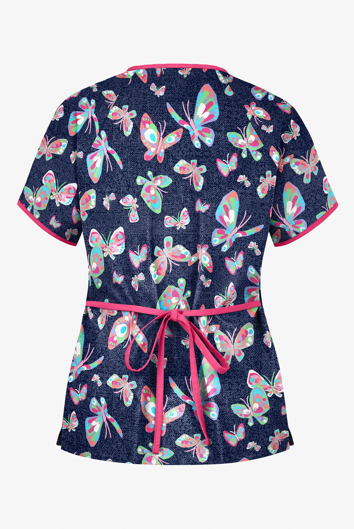 UA Butterfly Dance Navy Women's 2-Pocket Mock Wrap Print Scrub Top 4 UA Butterfly Dance Navy Women's 2-Pocket Mock Wrap Print Scrub Top - Image 2