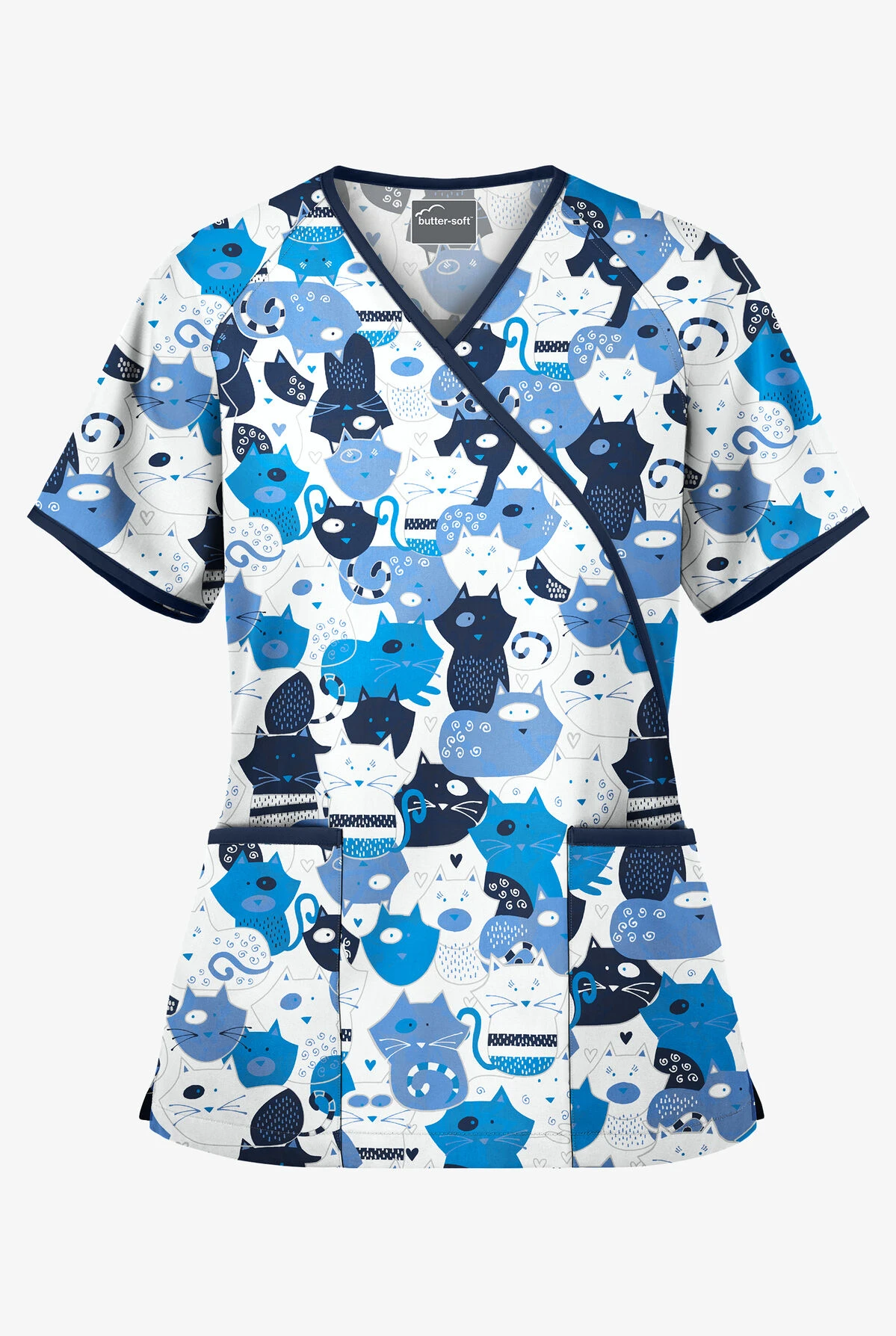 Butter-Soft Puzzle Cats Women's 2-Pocket Mock Wrap Printed Scrub Top 3 Butter-Soft Puzzle Cats Women's 2-Pocket Mock Wrap Printed Scrub Top